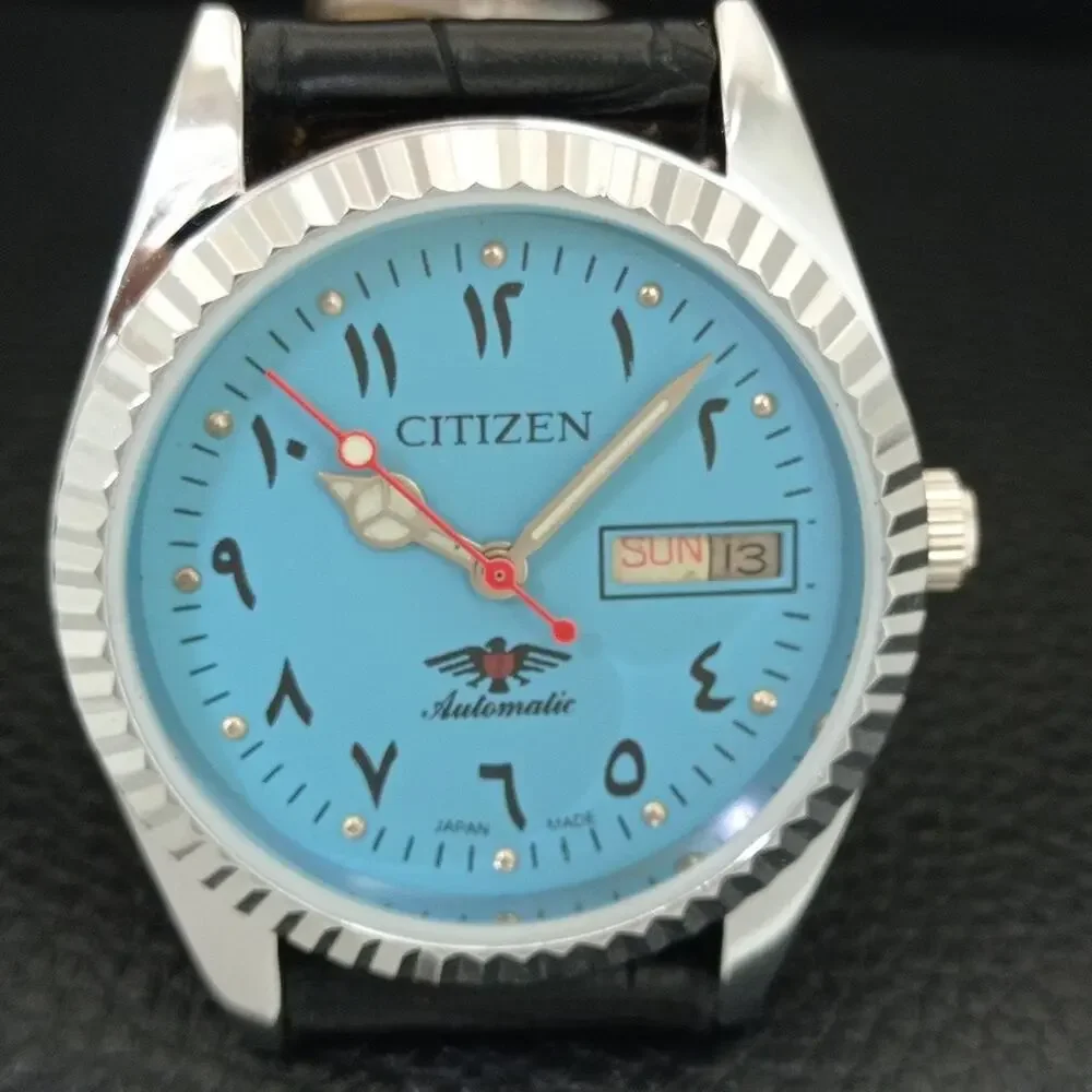 Vintage 1985 Citizen Automatic Mens Silver Watch W/daydate & Blue accents